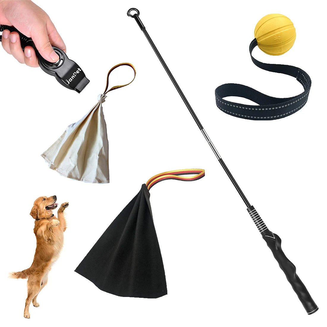 Interactive Flirt Pole for Dogs, Leather Bite Rag, Dog Chew Toys, Puppy Ball Toys for Teething Small and Large Dogs