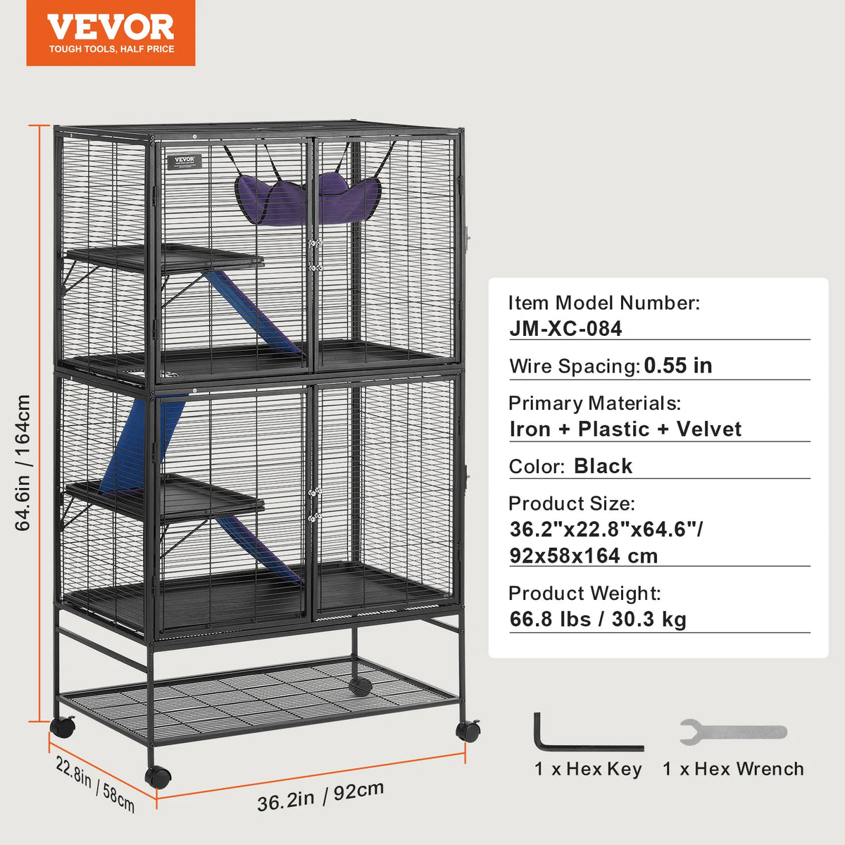 SucceBuy 64.6"Rolling Metal Ferret Cage Large4-Tier Critter Nation Cage Small Animal Cage for Pet Rat Hamster Guinea Chinchilla